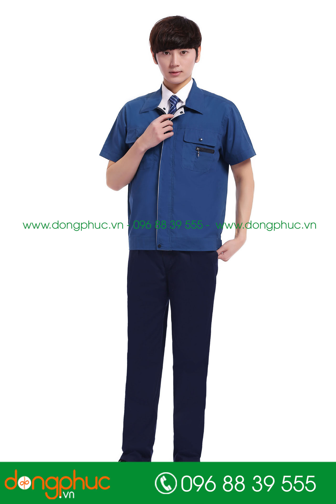 Mẫu bảo hộ màu xanh đậm phối ghi cộc tay